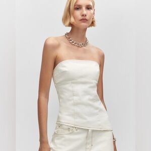 Mango Strapless denim top size XS white 100% cotton asymmetric hem